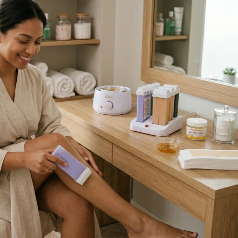 A woman in a robe applying roll-on wax to her leg using an at-home waxing kit with a wax warmer, cartridges, and strips on a wooden counter.